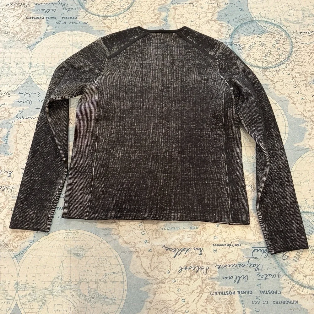 Eileen Fisher Black White Marled Knit Full Zip Collarless Jacket XS Professional